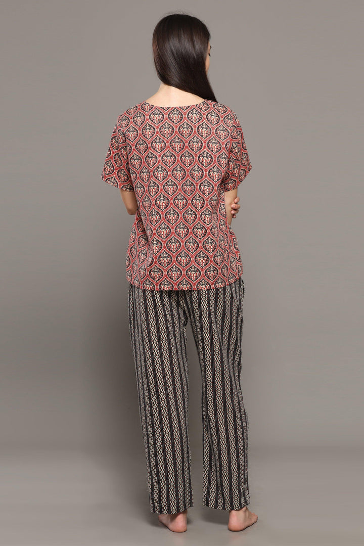 Vasudha Red Black Cotton Printed Loungewear Co-ord Set | SHOBITAM