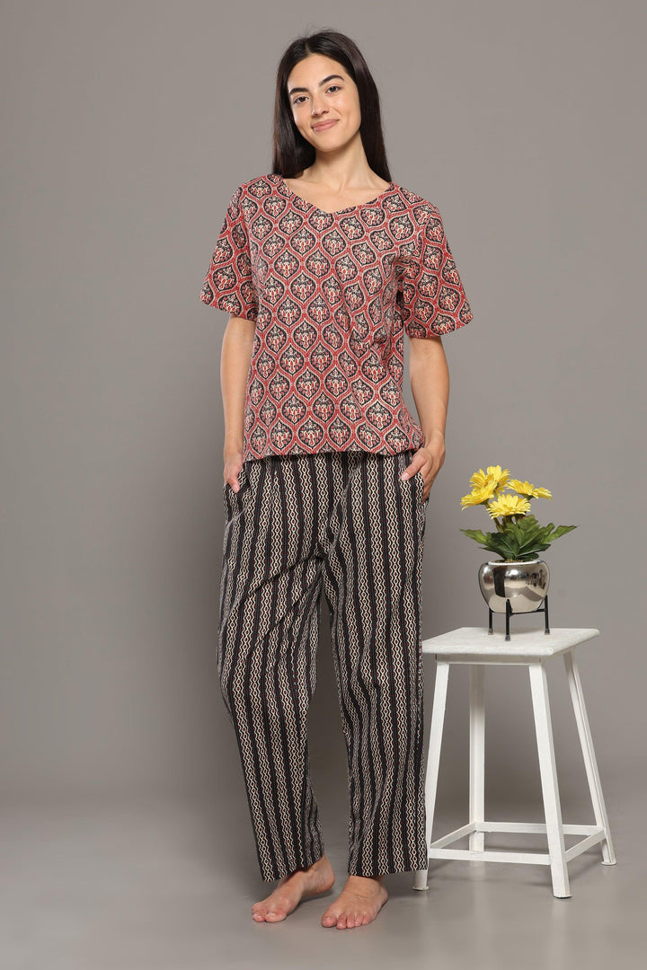 Vasudha Red Black Cotton Printed Loungewear Co-ord Set | SHOBITAM