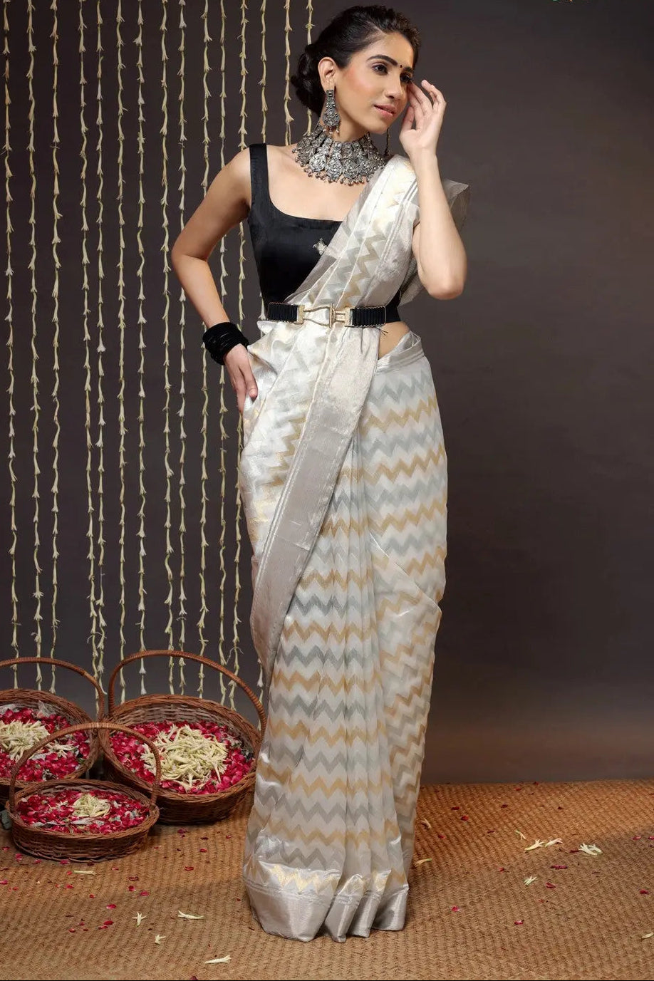 Handloom White Chanderi Pure Silk Saree With Silver Border | SHOBITAM