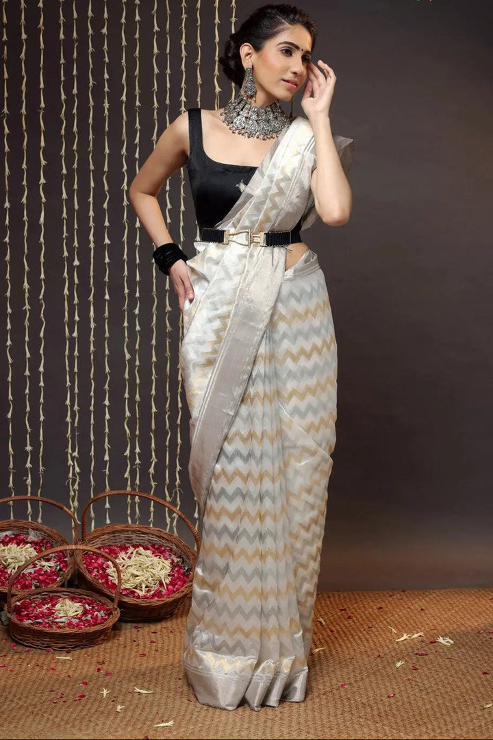 Handloom White Chanderi Pure Silk Saree With Silver Border | SHOBITAM