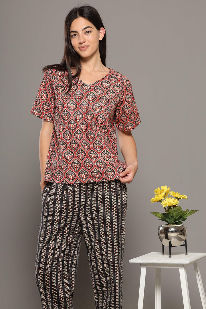 Vasudha Red Black Cotton Printed Loungewear Co-ord Set | SHOBITAM