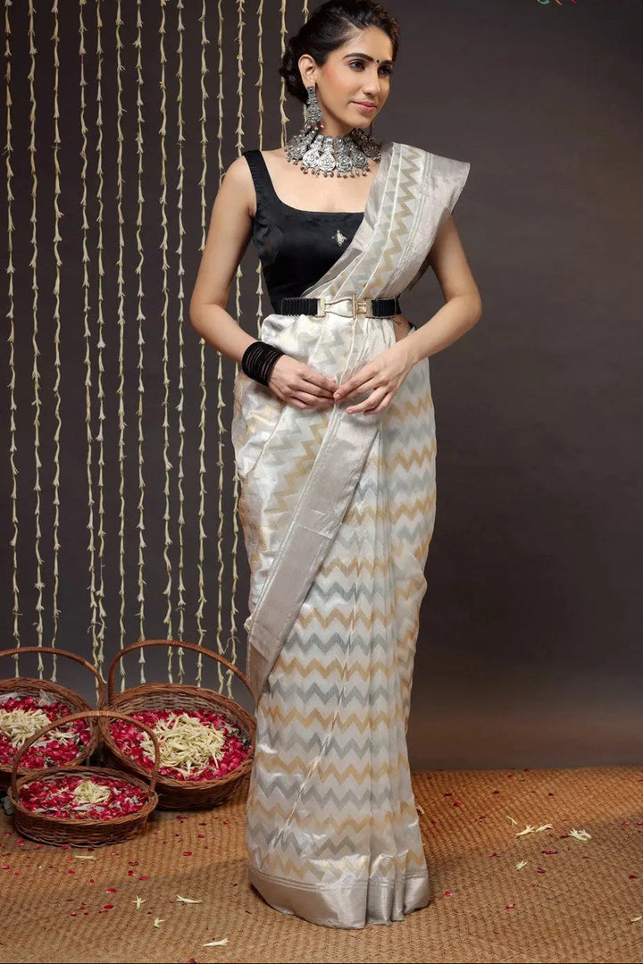 Handloom White Chanderi Pure Silk Saree With Silver Border | SHOBITAM