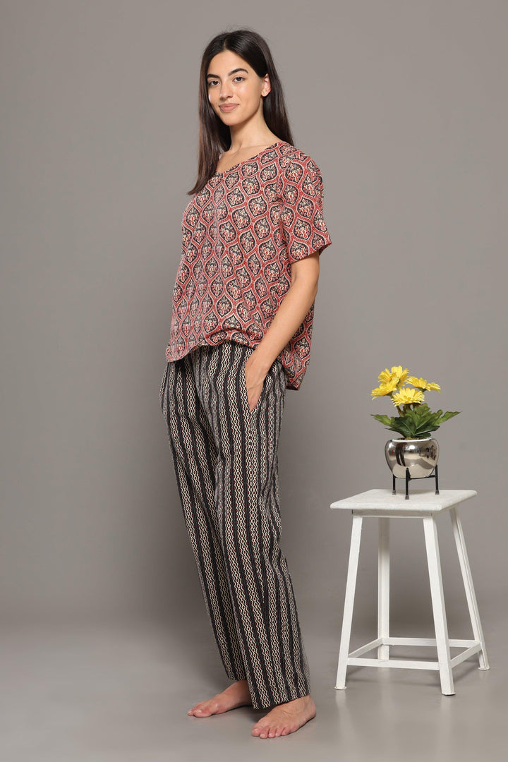 Vasudha Red Black Cotton Printed Loungewear Co-ord Set | SHOBITAM