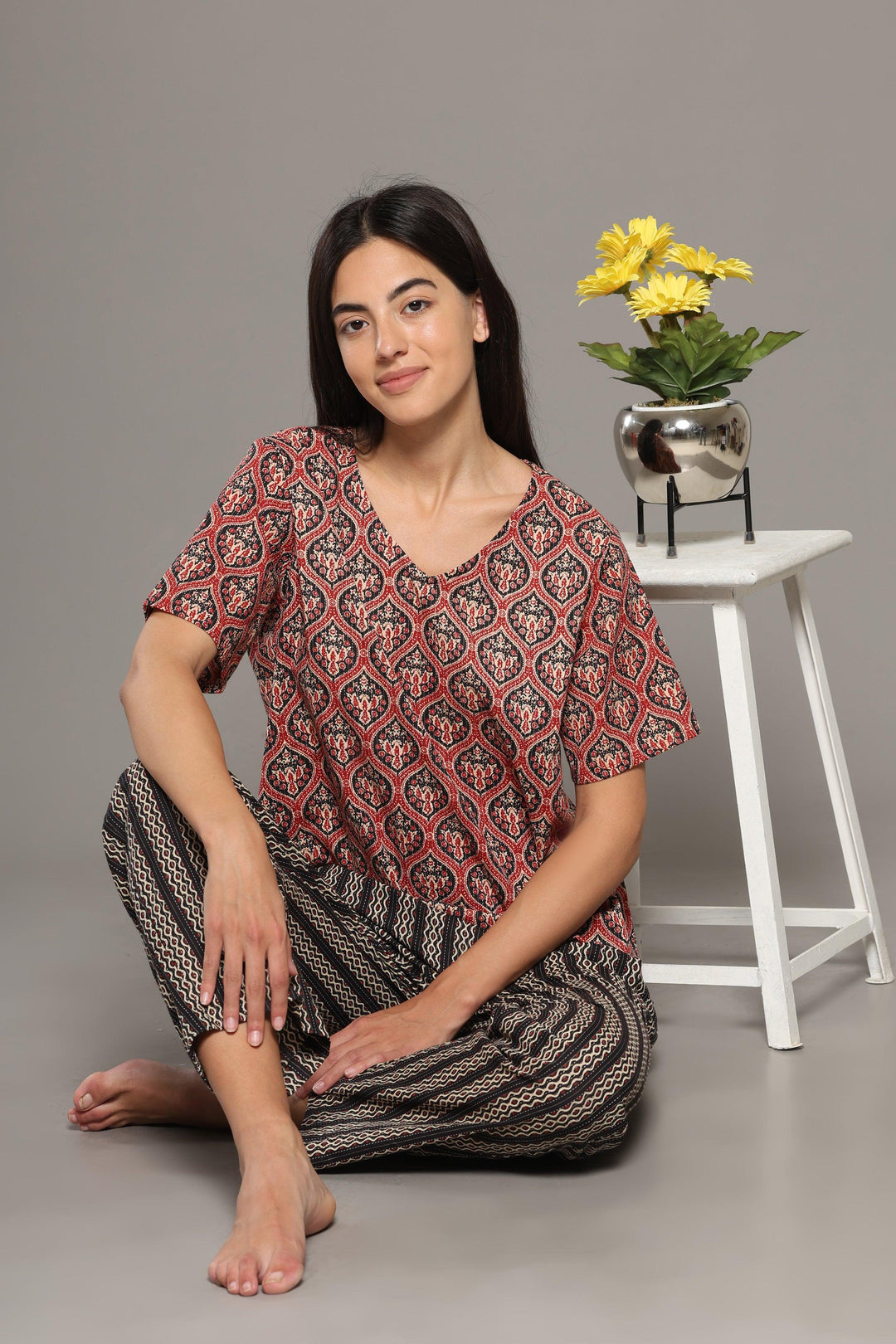Vasudha Red Black Cotton Printed Loungewear Co-ord Set | SHOBITAM
