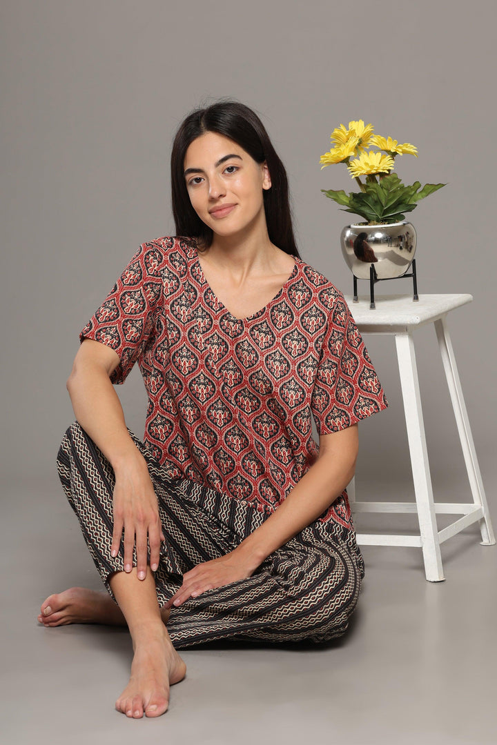 Vasudha Red Black Cotton Printed Loungewear Co-ord Set | SHOBITAM