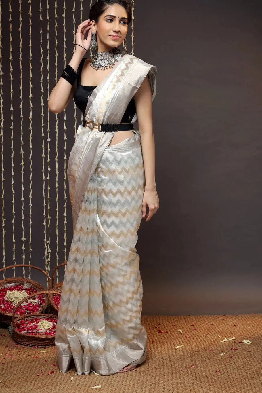 Handloom White Chanderi Pure Silk Saree With Silver Border | SHOBITAM