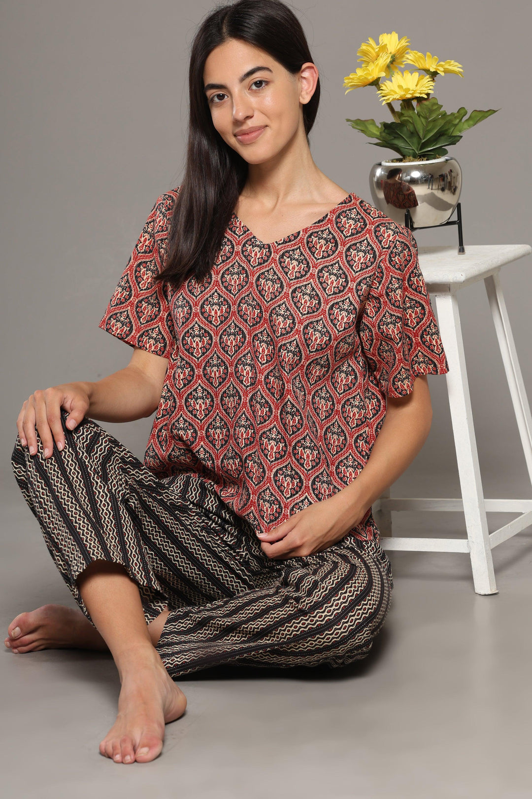 Vasudha Red Black Cotton Printed Loungewear Co-ord Set | SHOBITAM