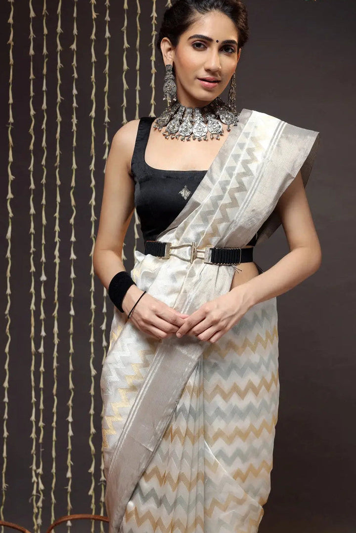 Handloom White Chanderi Pure Silk Saree With Silver Border | SHOBITAM