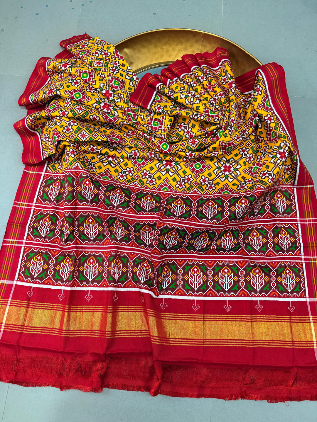Yellow  Authentic Patan Patola Double Ikkat Pure Silk Saree With Geometric Brocade and Contrast Red Pallu on Both Side | SILK MARK CERTIFIED | SHOBITAM