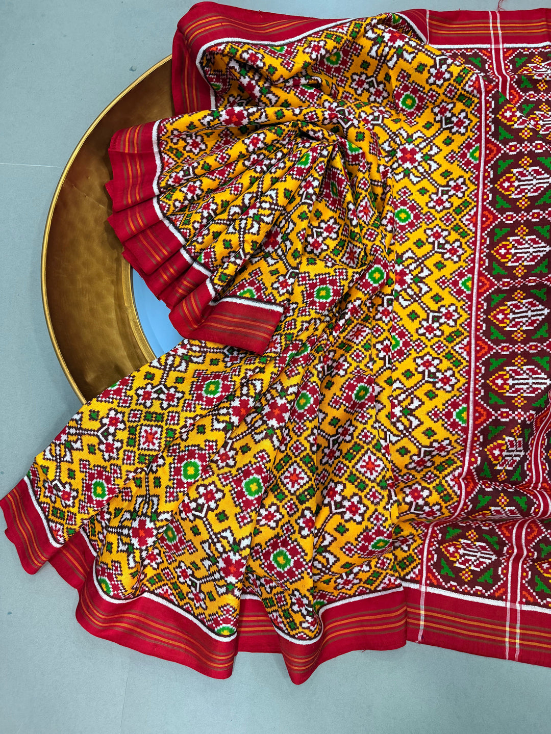 Yellow  Authentic Patan Patola Double Ikkat Pure Silk Saree With Geometric Brocade and Contrast Red Pallu on Both Side | SILK MARK CERTIFIED | SHOBITAM