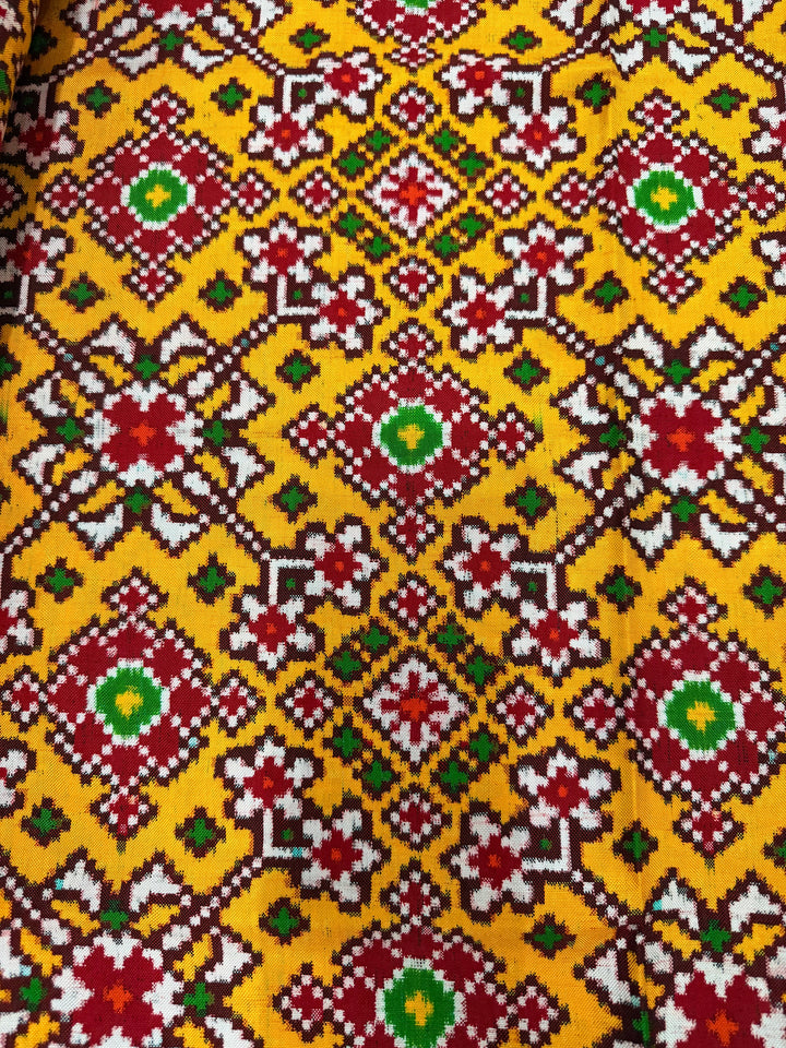 Yellow  Authentic Patan Patola Double Ikkat Pure Silk Saree With Geometric Brocade and Contrast Red Pallu on Both Side | SILK MARK CERTIFIED | SHOBITAM