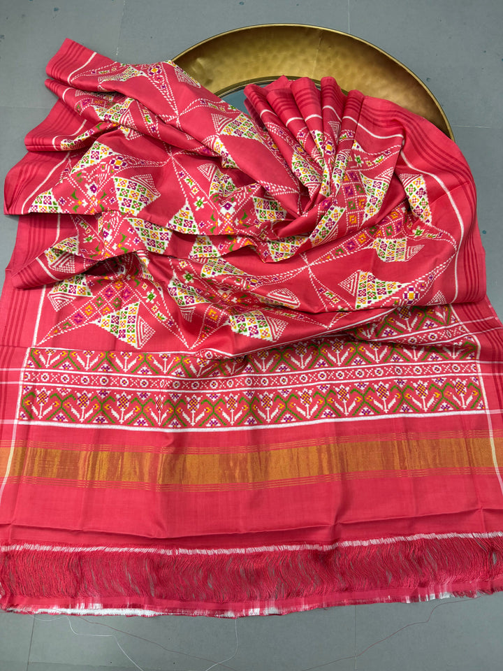 Salmon Peach Authentic Patan Patola Double Ikkat Pure Silk Saree With Geometric Pattern and Pallu on Both Side | SILK MARK CERTIFIED | SHOBITAM
