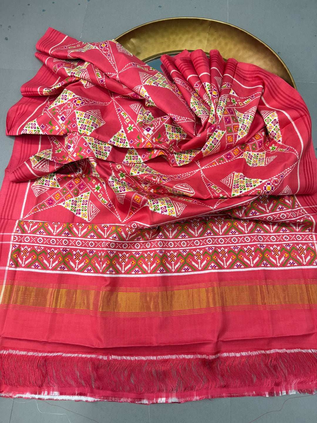 Salmon Peach Authentic Patan Patola Double Ikkat Pure Silk Saree With Geometric Pattern and Pallu on Both Side | SILK MARK CERTIFIED | SHOBITAM