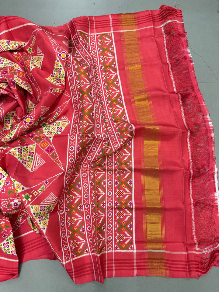 Salmon Peach Authentic Patan Patola Double Ikkat Pure Silk Saree With Geometric Pattern and Pallu on Both Side | SILK MARK CERTIFIED | SHOBITAM