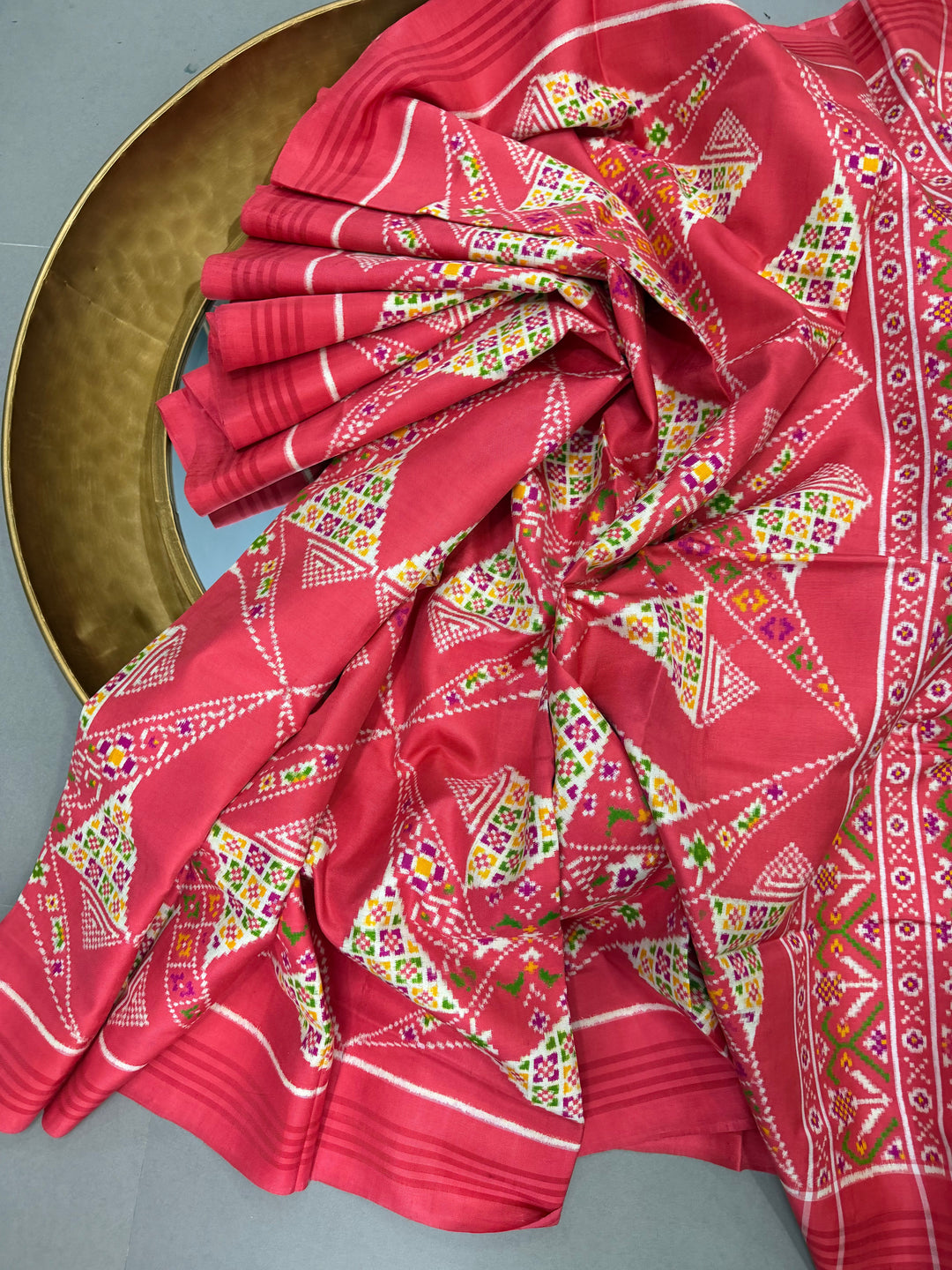 Salmon Peach Authentic Patan Patola Double Ikkat Pure Silk Saree With Geometric Pattern and Pallu on Both Side | SILK MARK CERTIFIED | SHOBITAM