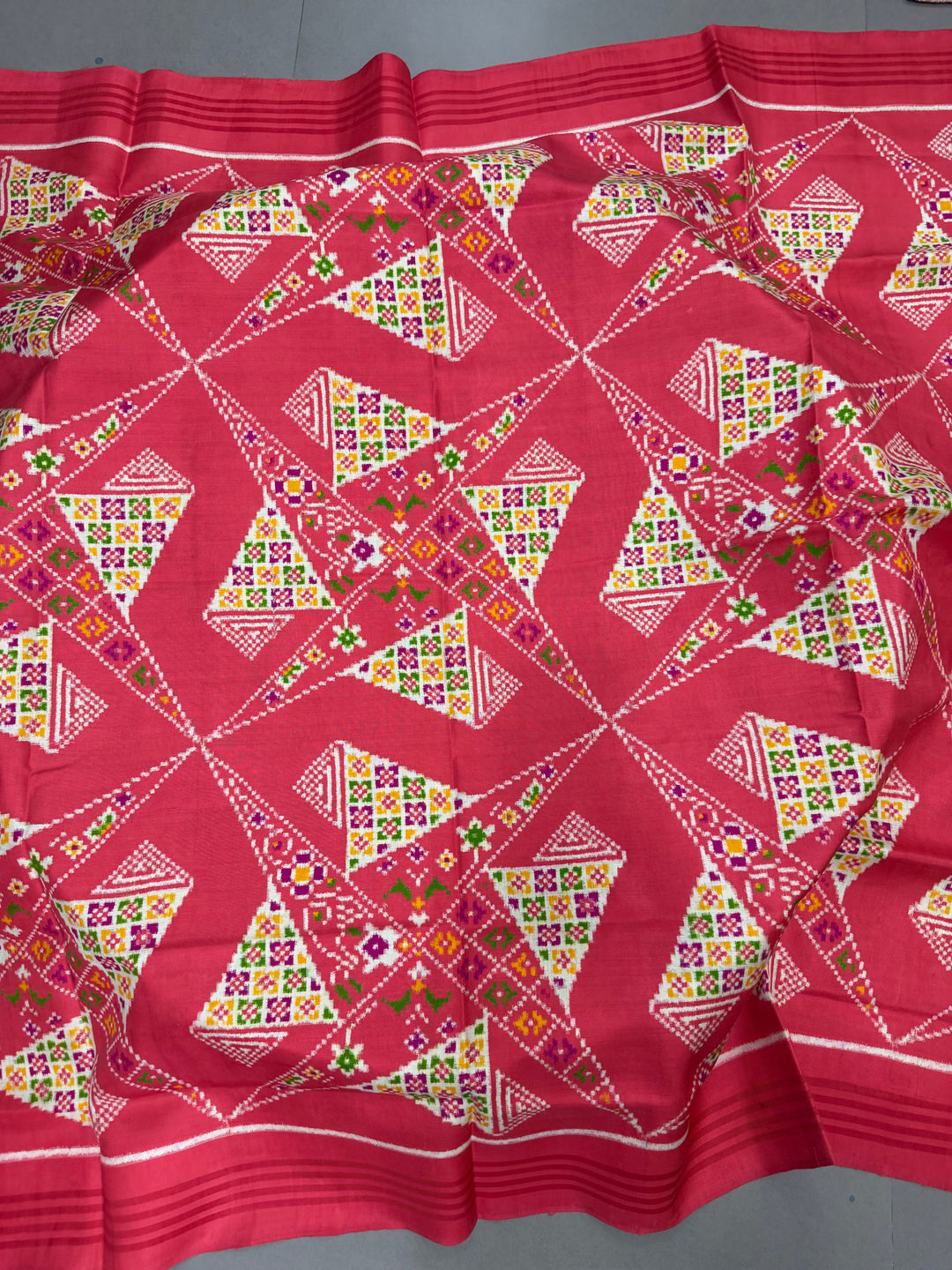 Salmon Peach Authentic Patan Patola Double Ikkat Pure Silk Saree With Geometric Pattern and Pallu on Both Side | SILK MARK CERTIFIED | SHOBITAM