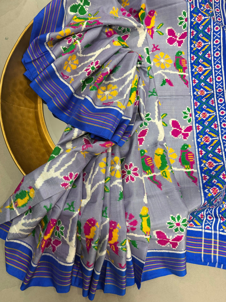 Authentic Patan Patola Double Ikkat Pure Silk Saree in Dusty Lavender With Birds-Butterflies-Branches Design and Pallu on Both Side | SILK MARK CERTIFIED