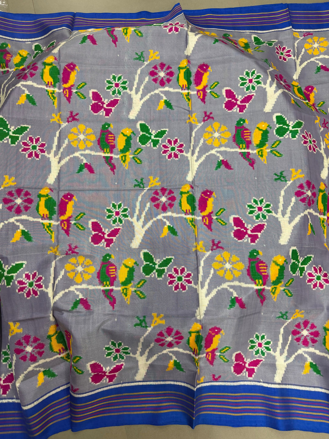 Authentic Patan Patola Double Ikkat Pure Silk Saree in Dusty Lavender With Birds-Butterflies-Branches Design and Pallu on Both Side | SILK MARK CERTIFIED