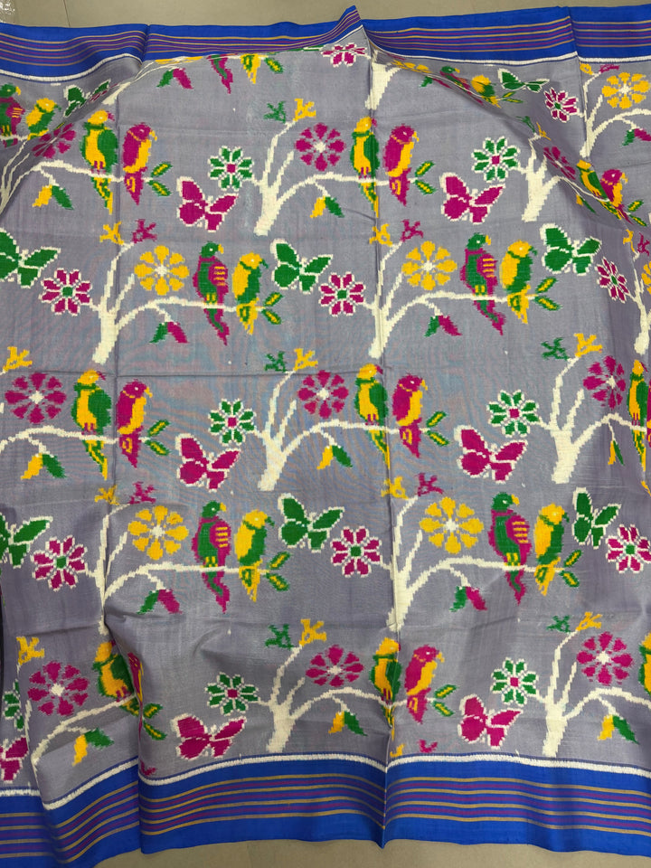Authentic Patan Patola Double Ikkat Pure Silk Saree in Dusty Lavender With Birds-Butterflies-Branches Design and Pallu on Both Side | SILK MARK CERTIFIED