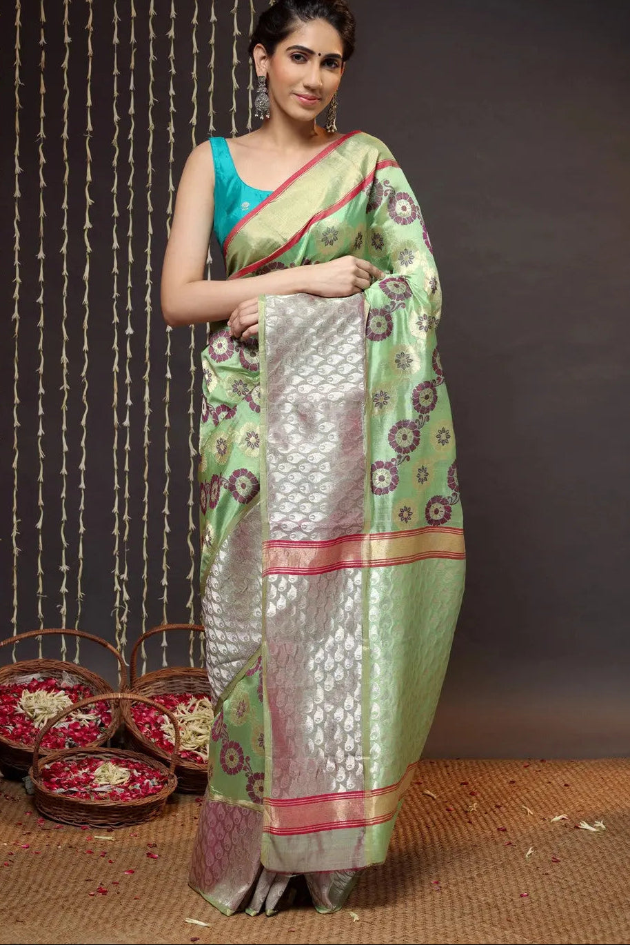 Parrot Green Handloom Chanderi Pure Silk Saree With Broad Silver Zari Border | SHOBITAM