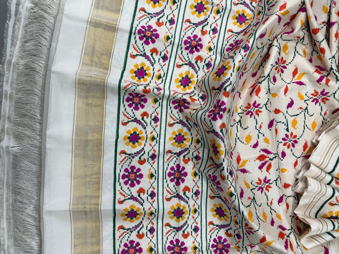 Ivory  Authentic Patan Patola Double Ikkat Pure Silk Saree With Floral Brocade Jaal and Pallu on Both Side | SILK MARK CERTIFIED | SHOBITAM