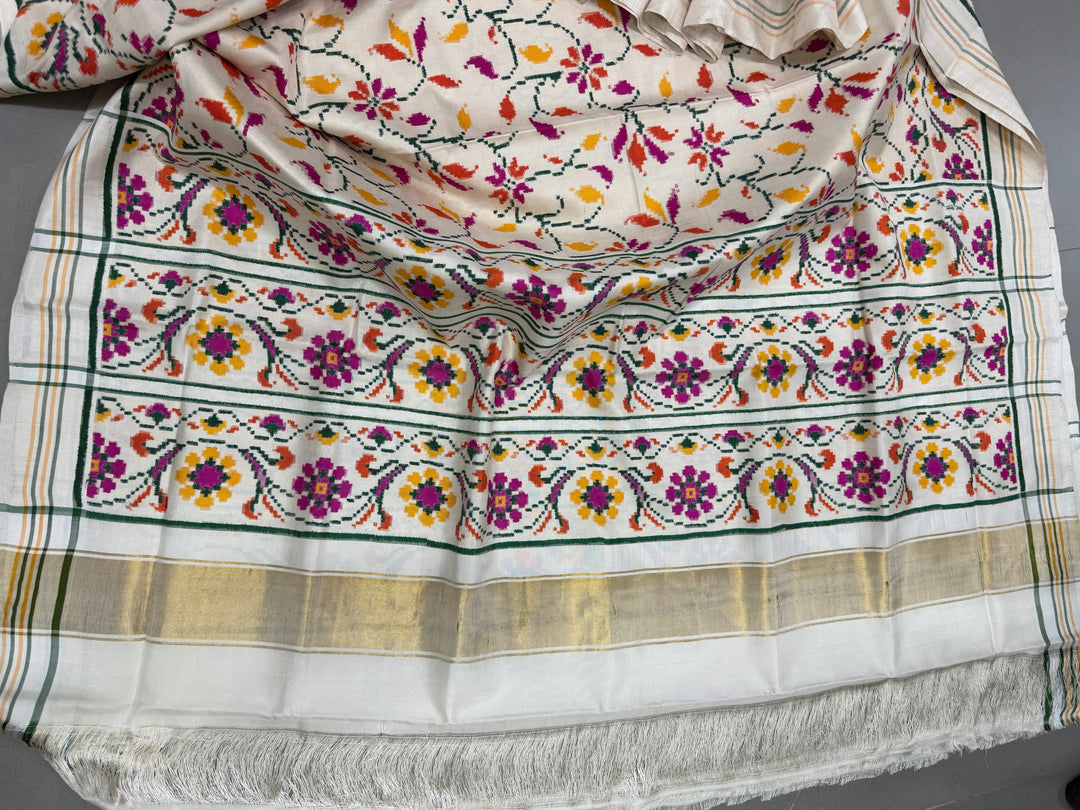 Ivory  Authentic Patan Patola Double Ikkat Pure Silk Saree With Floral Brocade Jaal and Pallu on Both Side | SILK MARK CERTIFIED | SHOBITAM