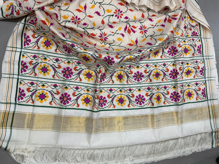 Ivory  Authentic Patan Patola Double Ikkat Pure Silk Saree With Floral Brocade Jaal and Pallu on Both Side | SILK MARK CERTIFIED | SHOBITAM