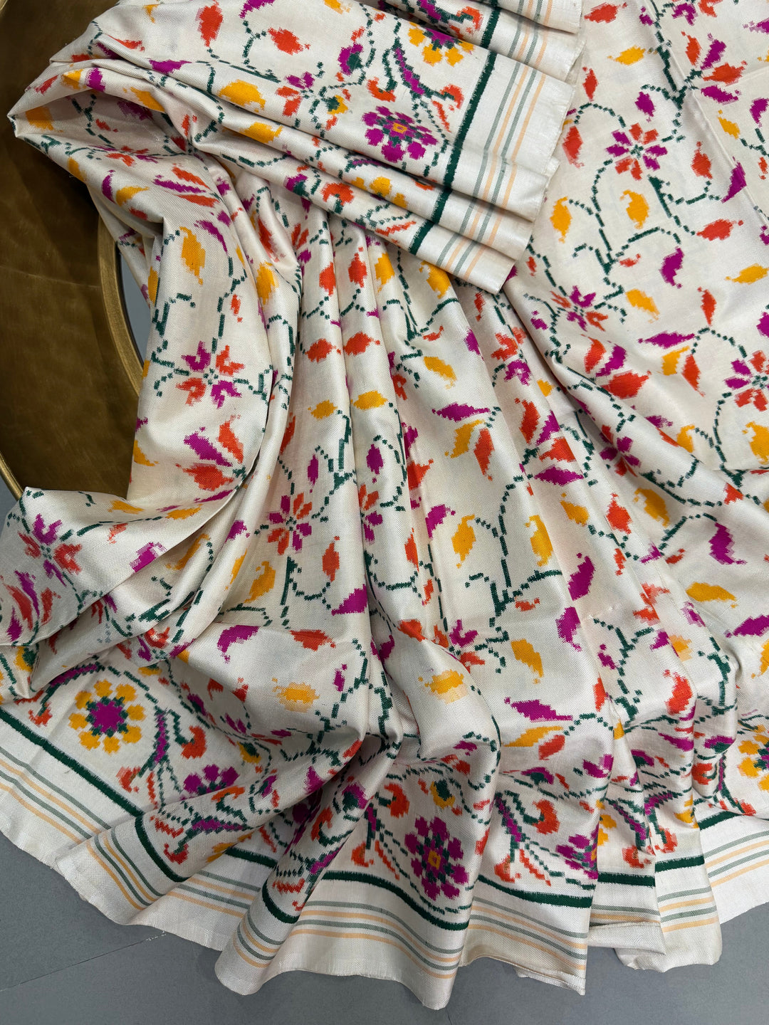 Ivory  Authentic Patan Patola Double Ikkat Pure Silk Saree With Floral Brocade Jaal and Pallu on Both Side | SILK MARK CERTIFIED | SHOBITAM