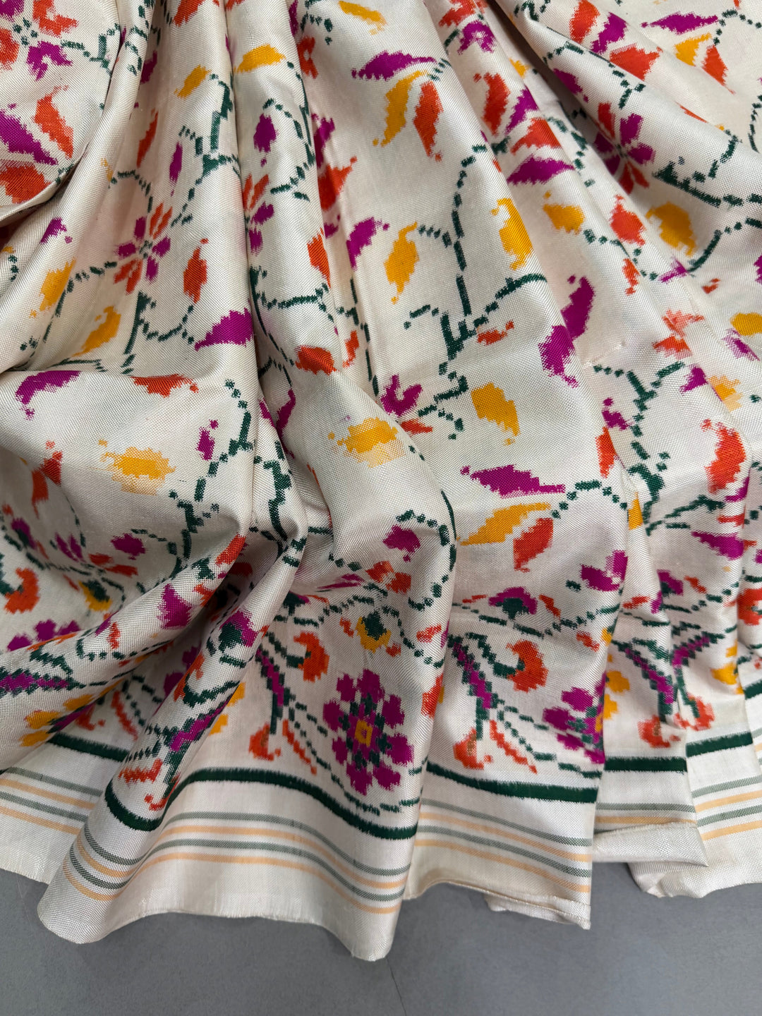 Ivory  Authentic Patan Patola Double Ikkat Pure Silk Saree With Floral Brocade Jaal and Pallu on Both Side | SILK MARK CERTIFIED | SHOBITAM
