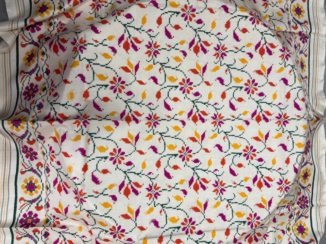 Ivory  Authentic Patan Patola Double Ikkat Pure Silk Saree With Floral Brocade Jaal and Pallu on Both Side | SILK MARK CERTIFIED | SHOBITAM
