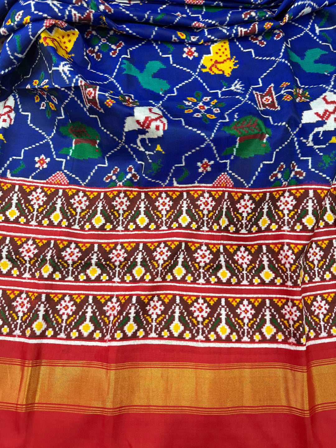 Royal Blue Authentic Patan Patola Double Ikkat Pure Silk Saree With Animal-Plant Motifs all Over and Contrast Red Pallu on Both Side | SILK MARK CERTIFIED | SHOBITAM