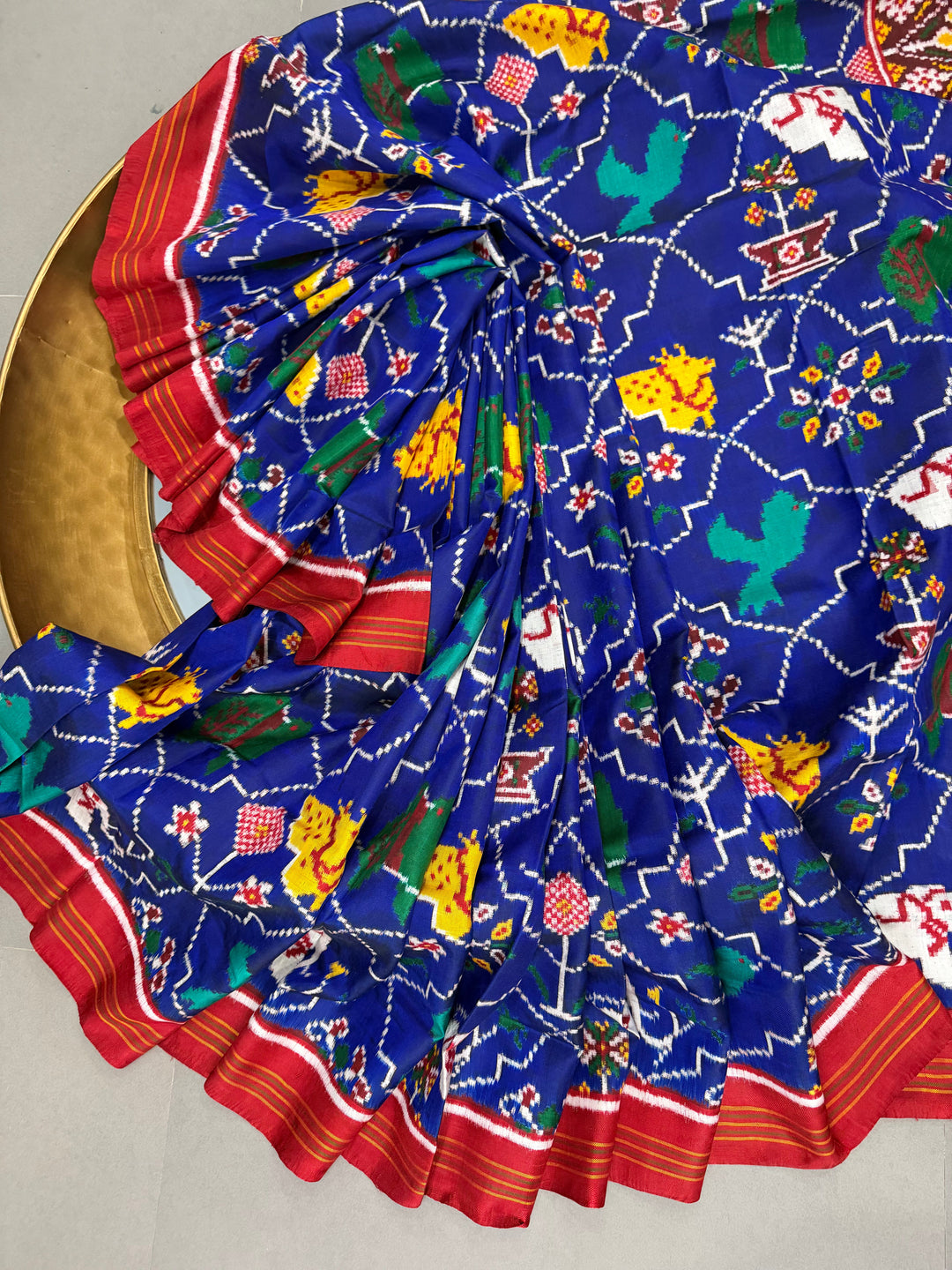 Royal Blue Authentic Patan Patola Double Ikkat Pure Silk Saree With Animal-Plant Motifs all Over and Contrast Red Pallu on Both Side | SILK MARK CERTIFIED | SHOBITAM