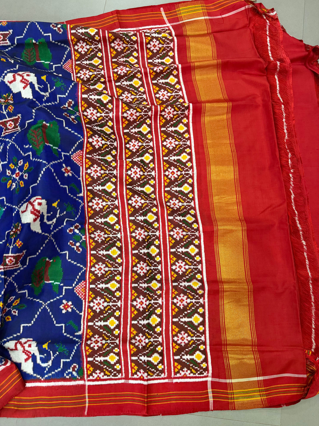 Royal Blue Authentic Patan Patola Double Ikkat Pure Silk Saree With Animal-Plant Motifs all Over and Contrast Red Pallu on Both Side | SILK MARK CERTIFIED | SHOBITAM