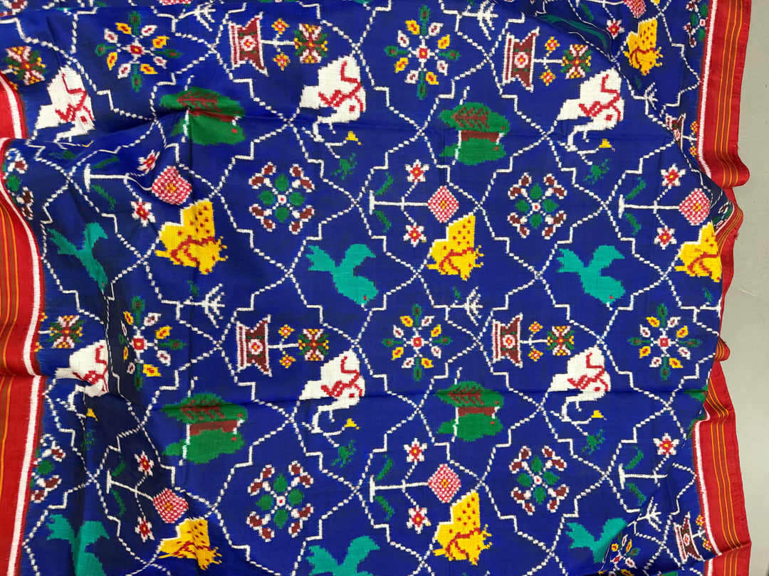 Royal Blue Authentic Patan Patola Double Ikkat Pure Silk Saree With Animal-Plant Motifs all Over and Contrast Red Pallu on Both Side | SILK MARK CERTIFIED | SHOBITAM