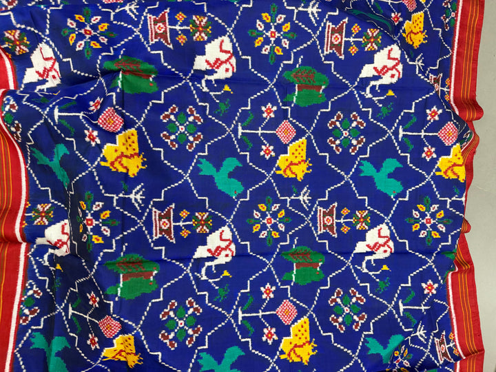 Royal Blue Authentic Patan Patola Double Ikkat Pure Silk Saree With Animal-Plant Motifs all Over and Contrast Red Pallu on Both Side | SILK MARK CERTIFIED | SHOBITAM