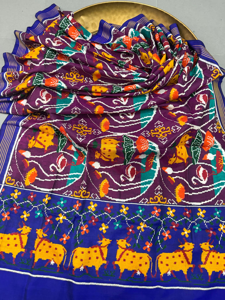 Plum Authentic Patan Patola Double Ikkat Pure Silk Saree With Pichwai Design and Contrast Pallu on Both Side | SILK MARK CERTIFIED