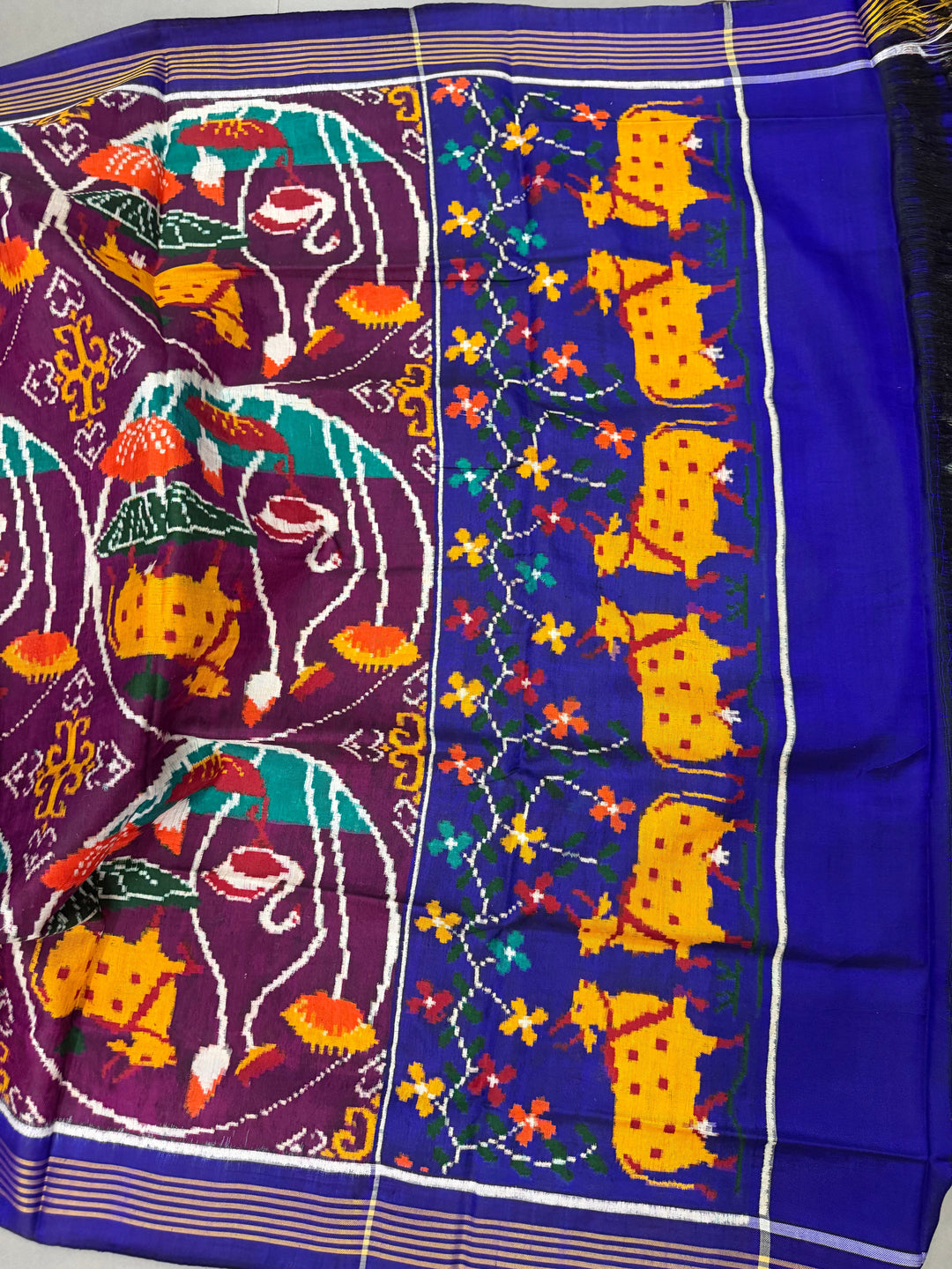 Plum Authentic Patan Patola Double Ikkat Pure Silk Saree With Pichwai Design and Contrast Pallu on Both Side | SILK MARK CERTIFIED