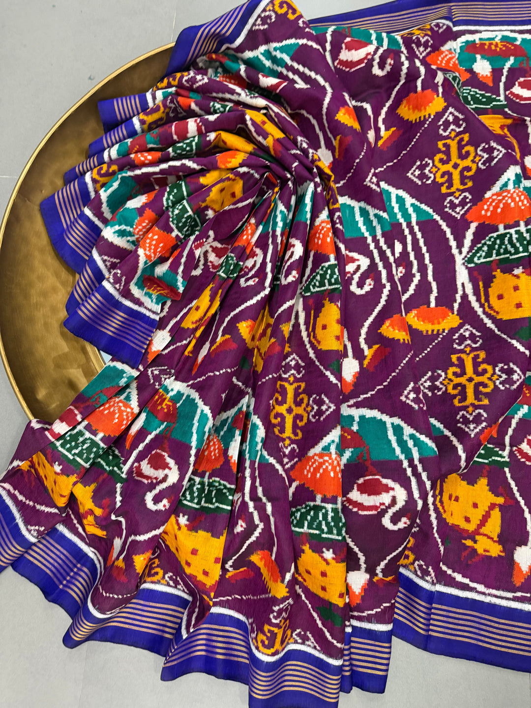 Plum Authentic Patan Patola Double Ikkat Pure Silk Saree With Pichwai Design and Contrast Pallu on Both Side | SILK MARK CERTIFIED