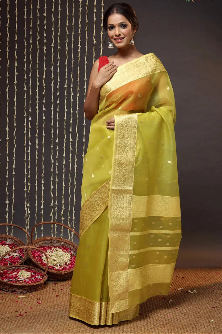 Green Handloom Katan Silk Chanderi Saree With Zari Border & Motifs | SHOBITAM