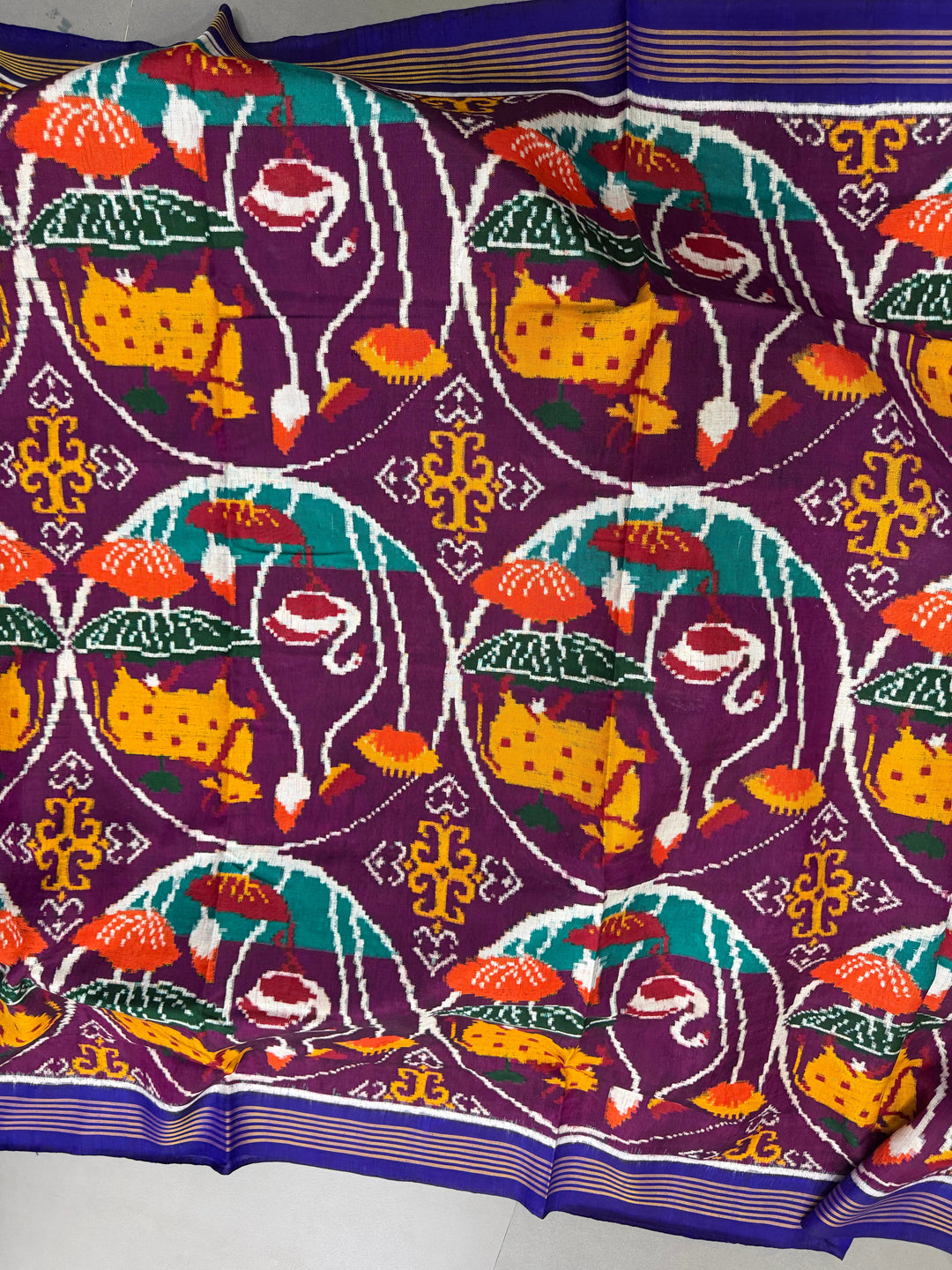 Plum Authentic Patan Patola Double Ikkat Pure Silk Saree With Pichwai Design and Contrast Pallu on Both Side | SILK MARK CERTIFIED