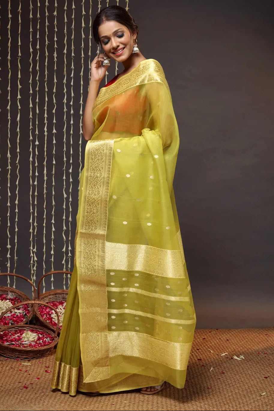 Green Handloom Katan Silk Chanderi Saree With Zari Border & Motifs | SHOBITAM