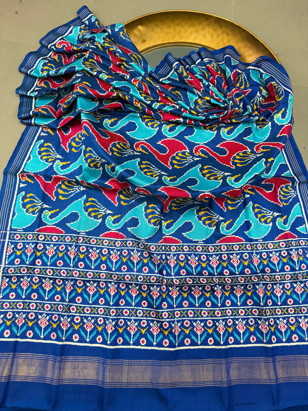 Blue Authentic Patan Patola Double Ikkat Pure Silk Saree With Red-Blue Swan Motifs and Pallu on Both Side | SILK MARK CERTIFIED | SHOBITAM