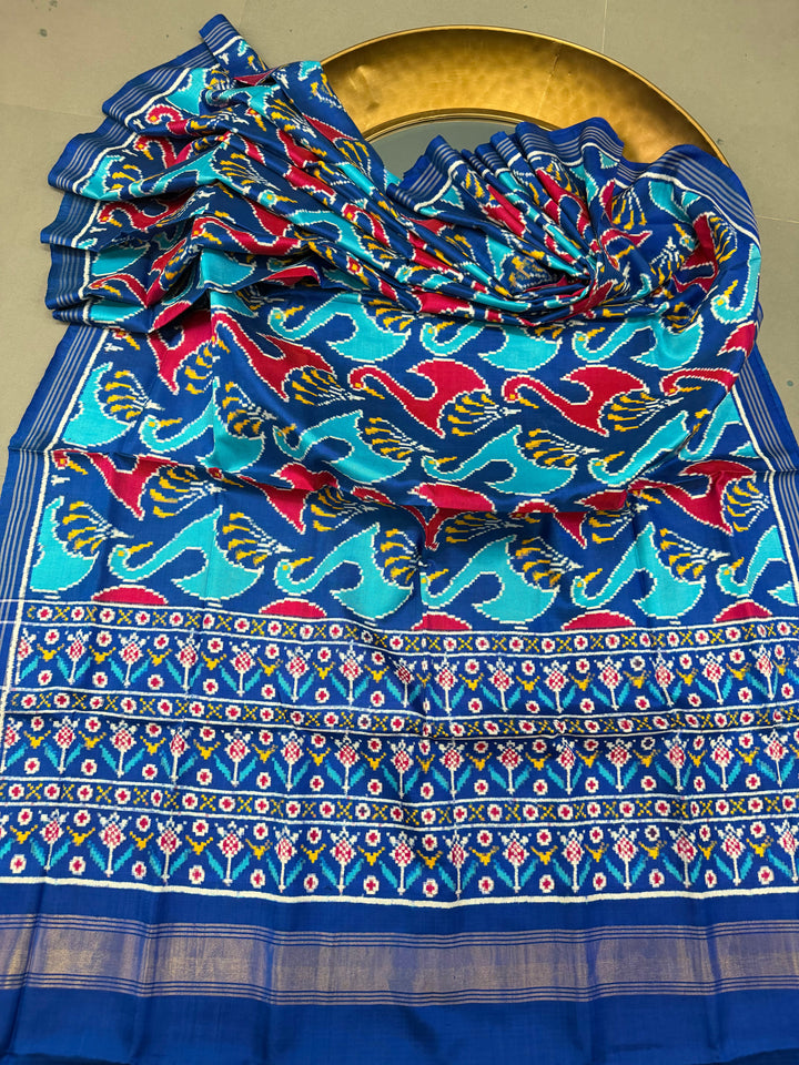 Blue Authentic Patan Patola Double Ikkat Pure Silk Saree With Red-Blue Swan Motifs and Pallu on Both Side | SILK MARK CERTIFIED | SHOBITAM