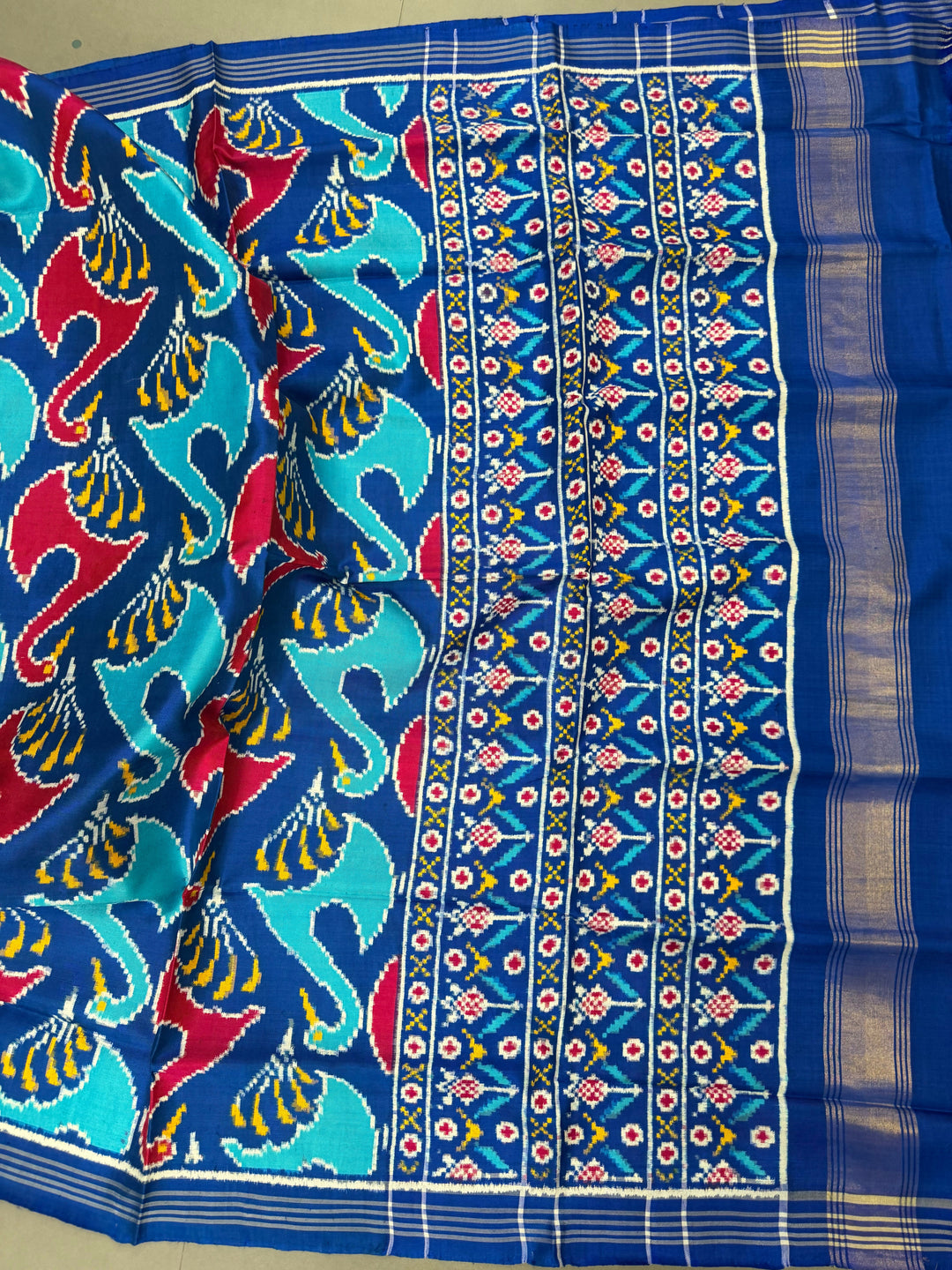 Blue Authentic Patan Patola Double Ikkat Pure Silk Saree With Red-Blue Swan Motifs and Pallu on Both Side | SILK MARK CERTIFIED | SHOBITAM