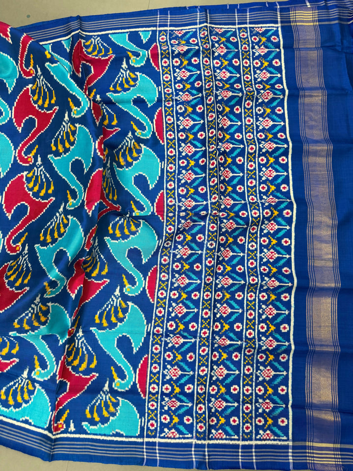 Blue Authentic Patan Patola Double Ikkat Pure Silk Saree With Red-Blue Swan Motifs and Pallu on Both Side | SILK MARK CERTIFIED | SHOBITAM