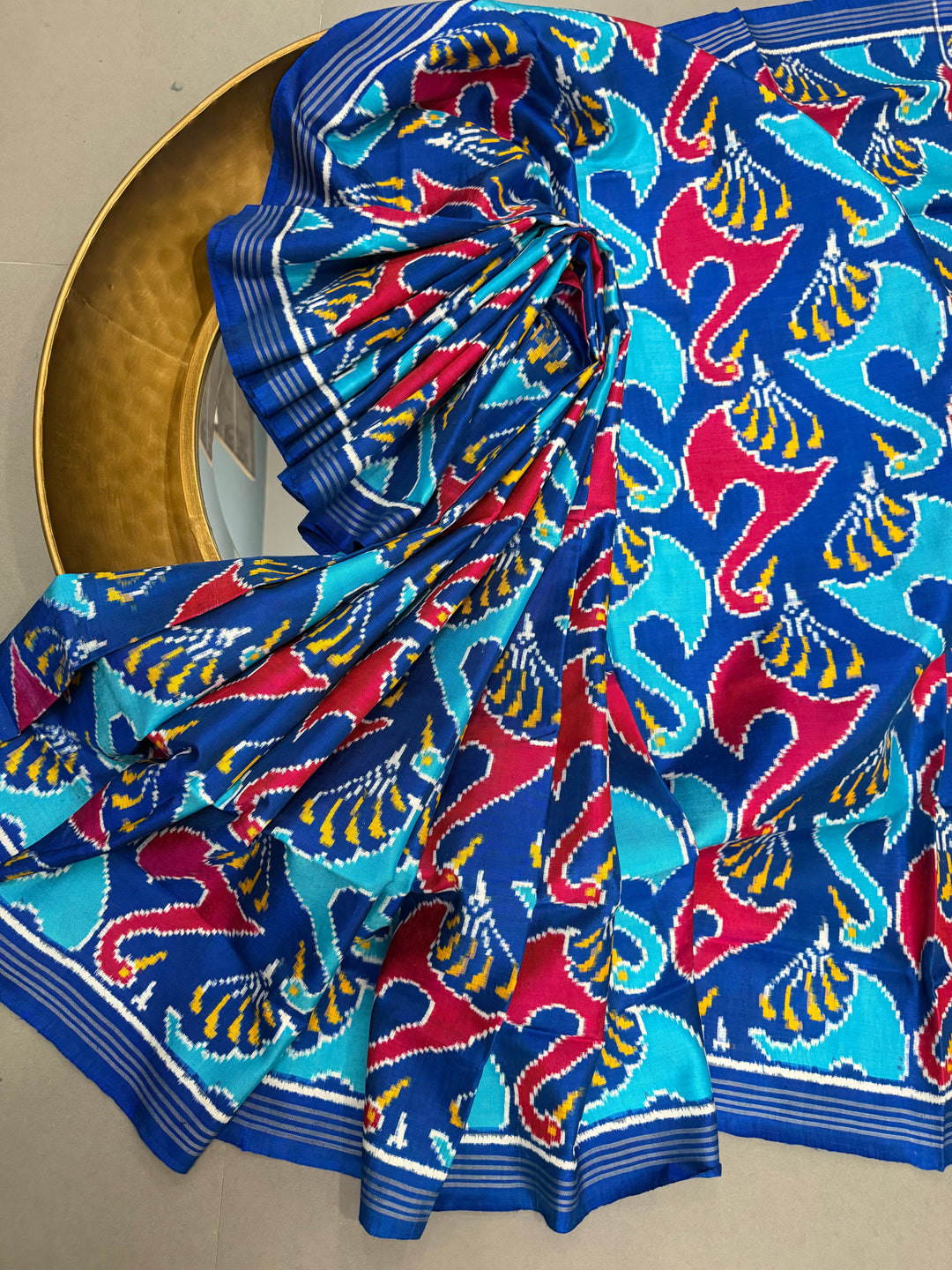 Blue Authentic Patan Patola Double Ikkat Pure Silk Saree With Red-Blue Swan Motifs and Pallu on Both Side | SILK MARK CERTIFIED | SHOBITAM