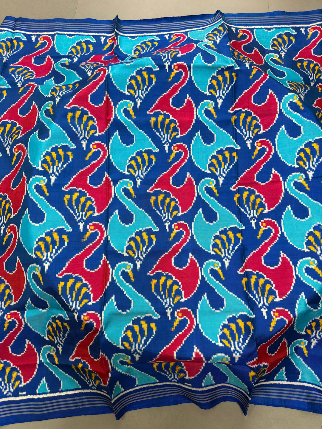 Blue Authentic Patan Patola Double Ikkat Pure Silk Saree With Red-Blue Swan Motifs and Pallu on Both Side | SILK MARK CERTIFIED | SHOBITAM
