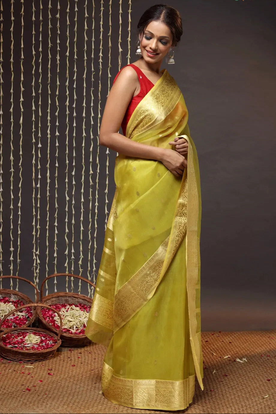 Green Handloom Katan Silk Chanderi Saree With Zari Border & Motifs | SHOBITAM