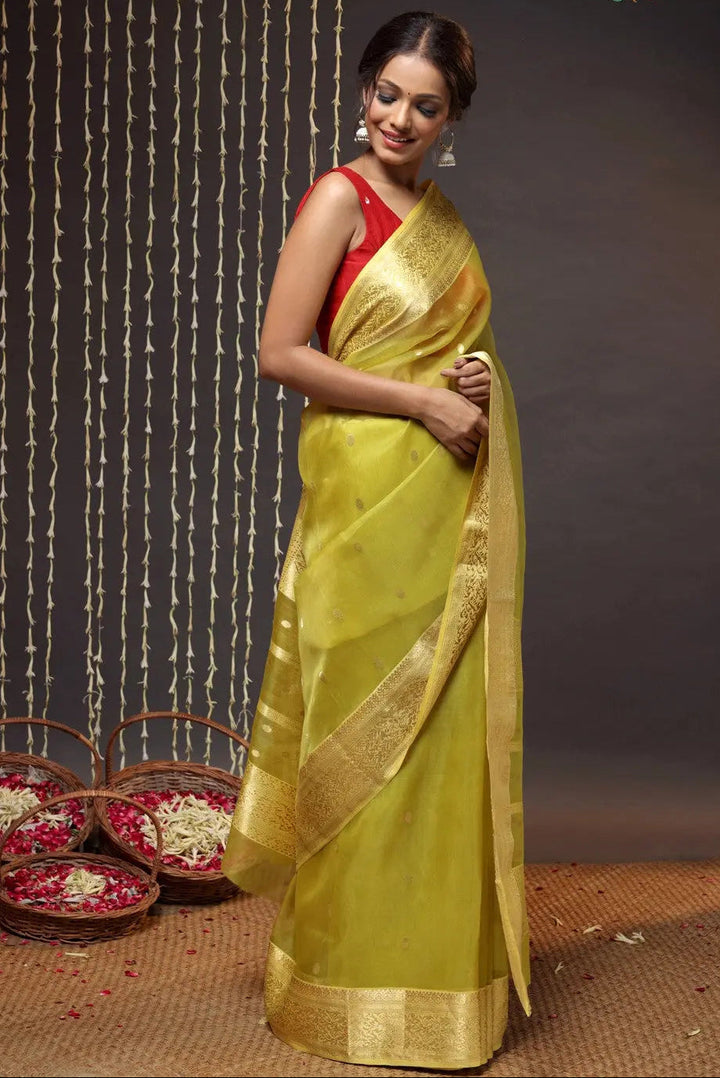 Green Handloom Katan Silk Chanderi Saree With Zari Border & Motifs | SHOBITAM