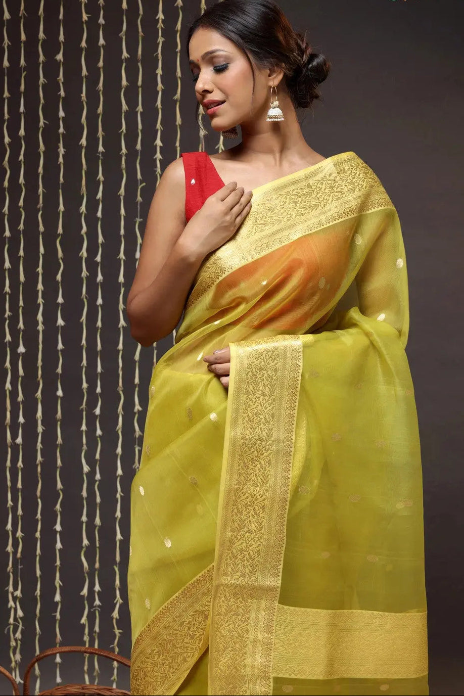 Green Handloom Katan Silk Chanderi Saree With Zari Border & Motifs | SHOBITAM